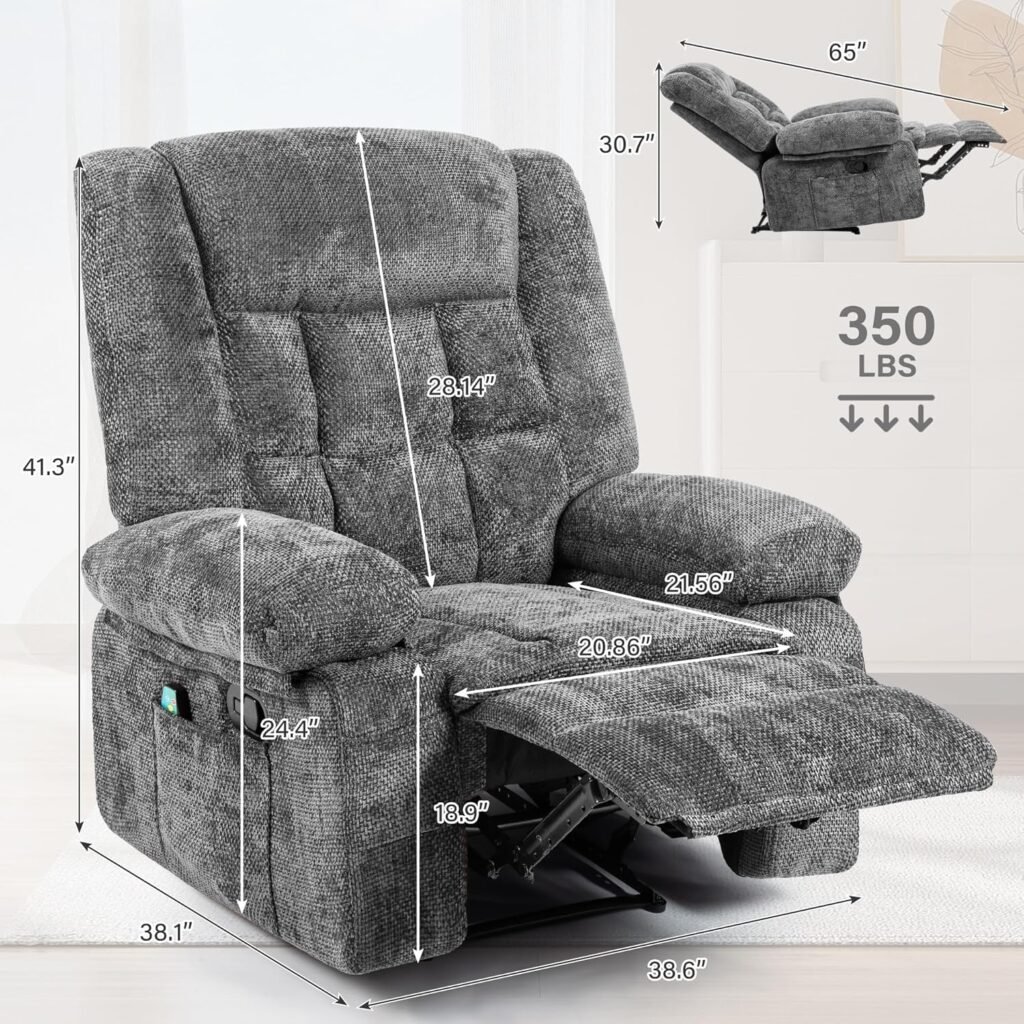 Recliner Chair for Adults with Massage and Heat, Fabric Reclining Chair with Side Pockets, Living Room Single Sofa Chair, Dark Grey Recliner Chair for Adults with Massage and Heat, Fabric Reclining Chair with Side Pockets, Living Room Single Sofa Chair, Dark Grey