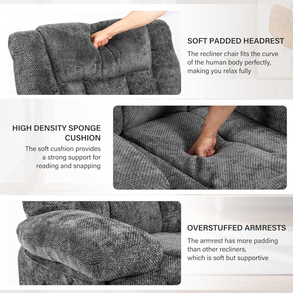 Recliner Chair for Adults with Massage and Heat, Fabric Reclining Chair with Side Pockets, Living Room Single Sofa Chair, Dark Grey Recliner Chair for Adults with Massage and Heat, Fabric Reclining Chair with Side Pockets, Living Room Single Sofa Chair, Dark Grey