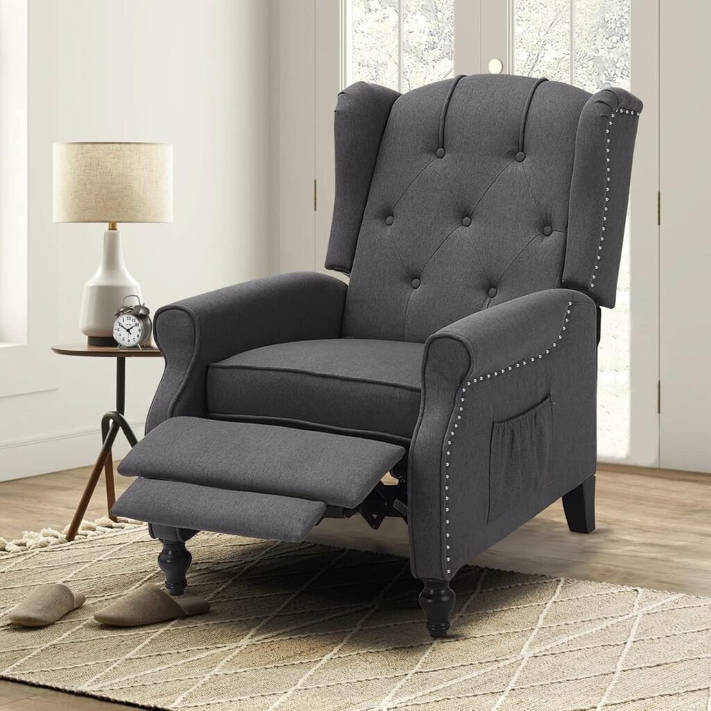 Recliner Wingback Chair - Tufted Arm Chair Recliner - Massage Recliner Chair with Heat - Fabric Push Back Recliner with Remote Control, Heating Function, Adjustable Backrest (Grey)