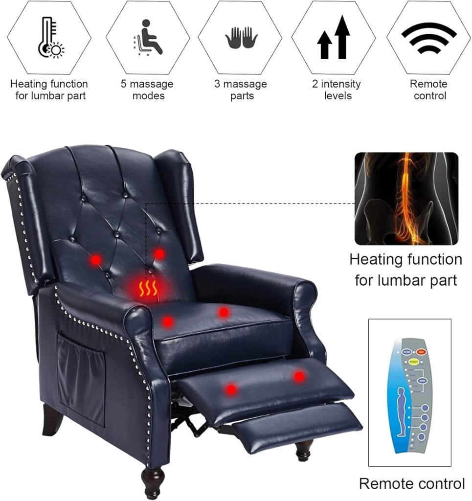 Recliner Wingback Chair - Tufted Arm Chair Recliner - Massage Recliner Chair with Heat - Fabric Push Back Recliner with Remote Control, Heating Function, Adjustable Backrest (Grey)