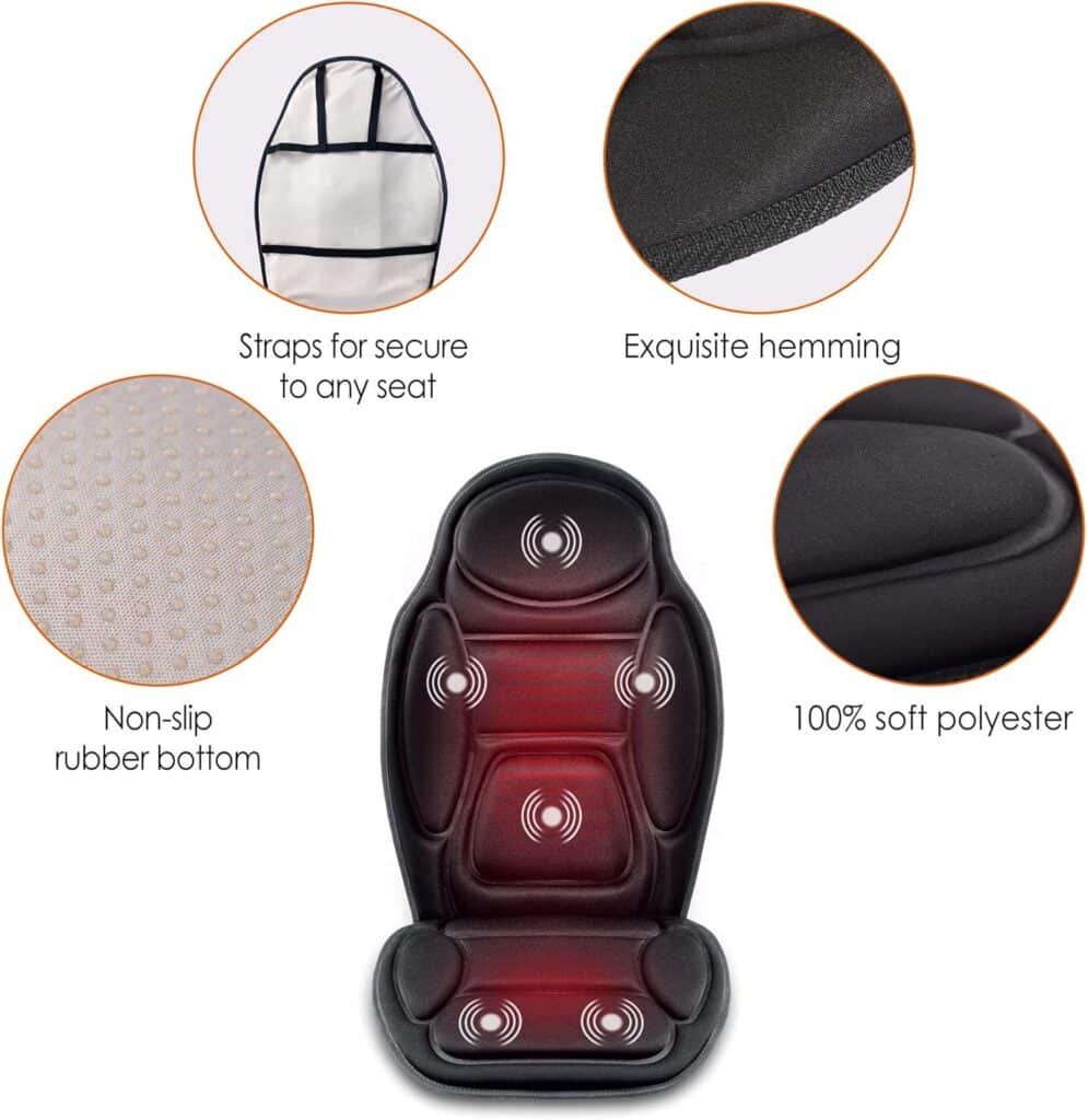 Snailax Massage Seat Cushion - Back Massager with Heat, 6 Vibration Massage Nodes  2 Heat Levels, Massage Chair Pad for Home Office Chair，Black
