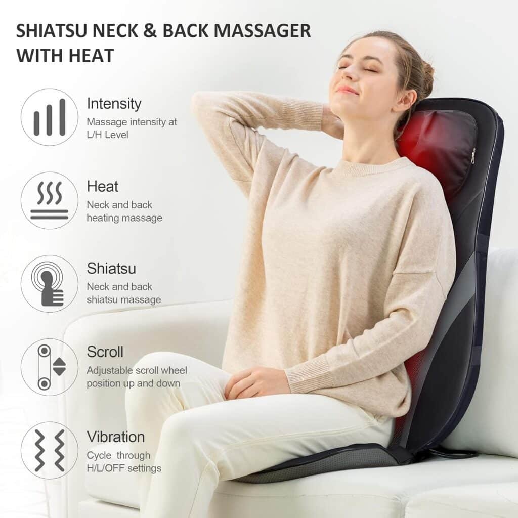 Snailax Upgraded Shiatsu Back Massager with Heat -Deep Kneading Massage Chair Pad with Adjustable Intensity,Full Body Massage Seat Cushion for Relaxation