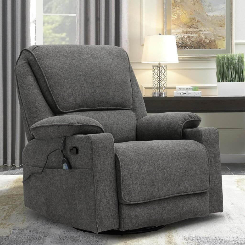 Swivel Glider Recliner Chair for Adults,Manual Recliner with Massage and Heat, Linen Cotton Fabric Ergonomic Lounge Chair with Cup Holder for Living Room, Bedroom, Nursery, Dark Grey