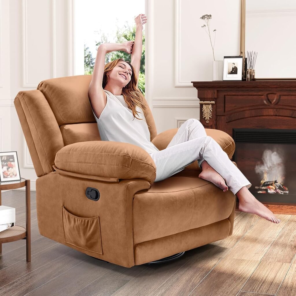 Swivel Rocker Recliner Chairs for Adults, Oversized Fabric Manual Rocking Reclining, Comfortable Nursery Glider Chair for Living Room Bedroom, 360° Swivel Single Sofa, Brown