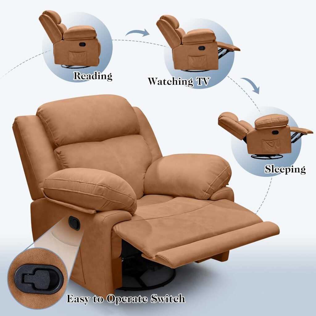 Swivel Rocker Recliner Chairs for Adults, Oversized Fabric Manual Rocking Reclining, Comfortable Nursery Glider Chair for Living Room Bedroom, 360° Swivel Single Sofa, Brown