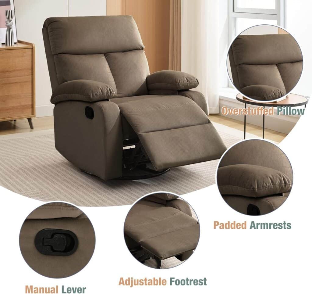 Swivel Rocker Recliner, Rocking Recliner Chair, Small Rocker Recliners for Small Spaces, Living Room, Bedroom, Nursery, RV, Light Grey