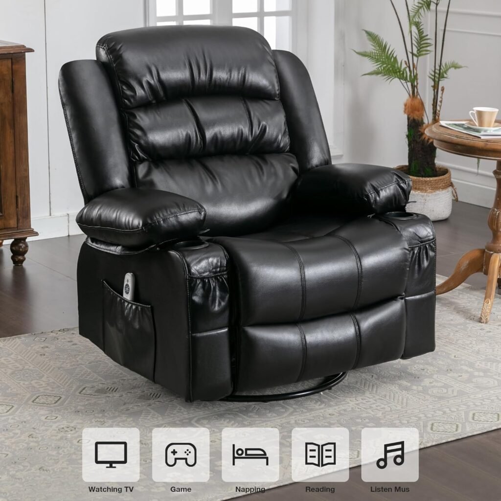 Swivel Rocking Recliner Chiar, Manual Recliner Chair with 360 Degree Swivel  Cup Holder, Massage Recliner Chair with Heat  Adjustable Footrest, Leather Rocking Chair Nursery for Bedroom (Brown)