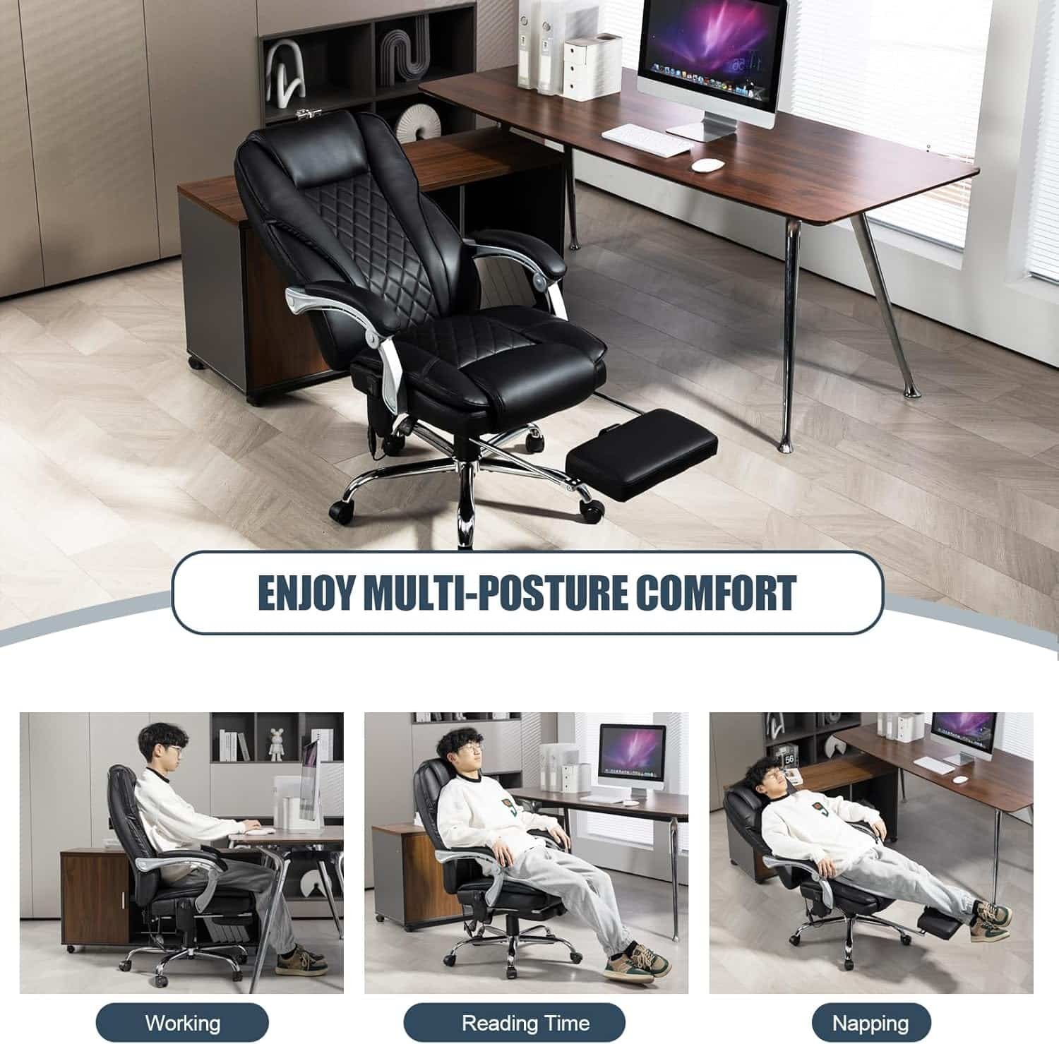 400lbs Executive Leather Office Chair with Ergonomic Design and Reclining Function - Comfortable Computer Desk Chair with Integrated Foot Rest