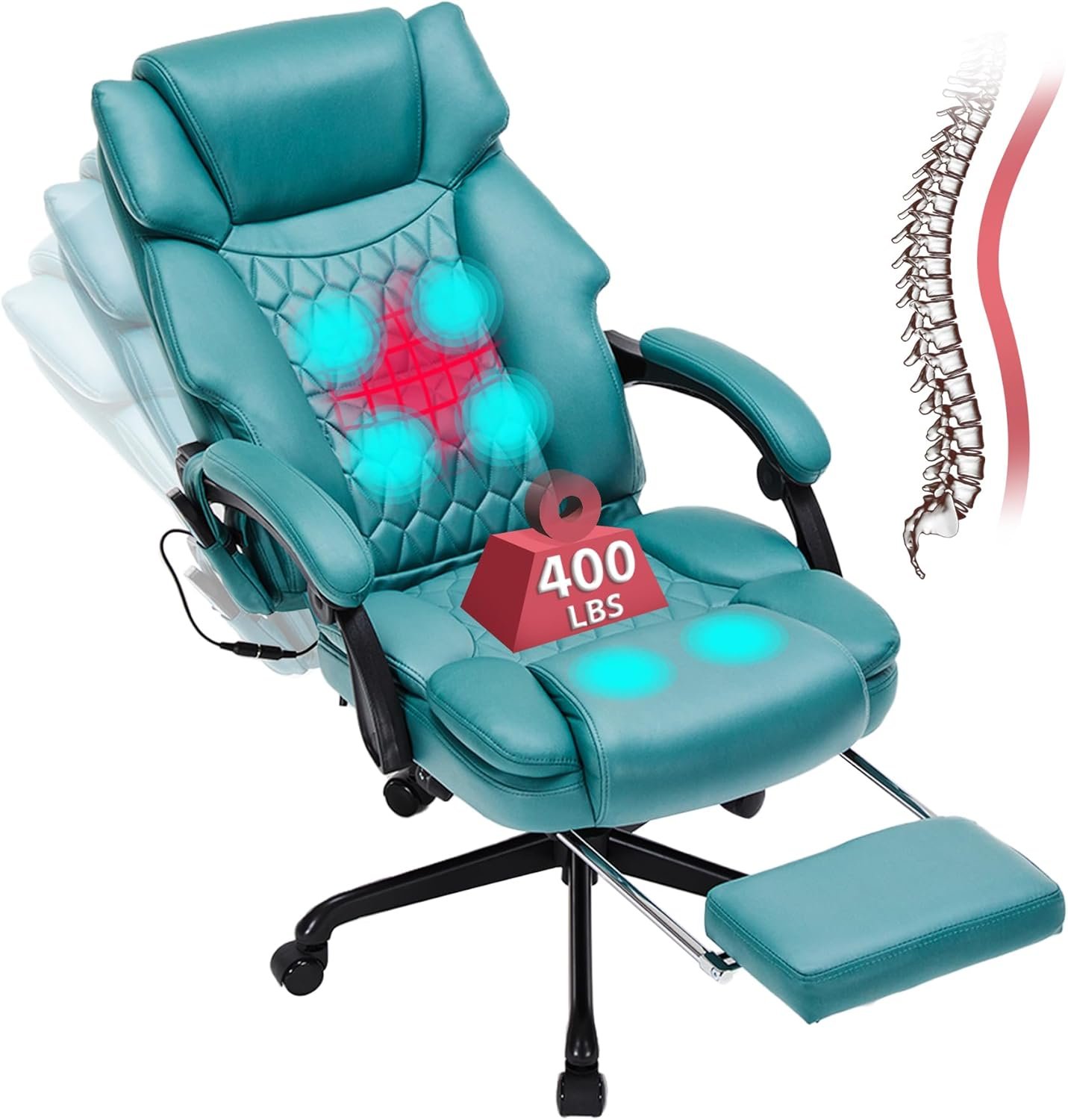 6 Points Massage Office Chair with Heat,Reclining Office Chair with Foot Rest,Vibration Home Office Desk Chairs for Heavy People 400lbs,Ergonomic Managerial Executive Chair (Teal Blue)