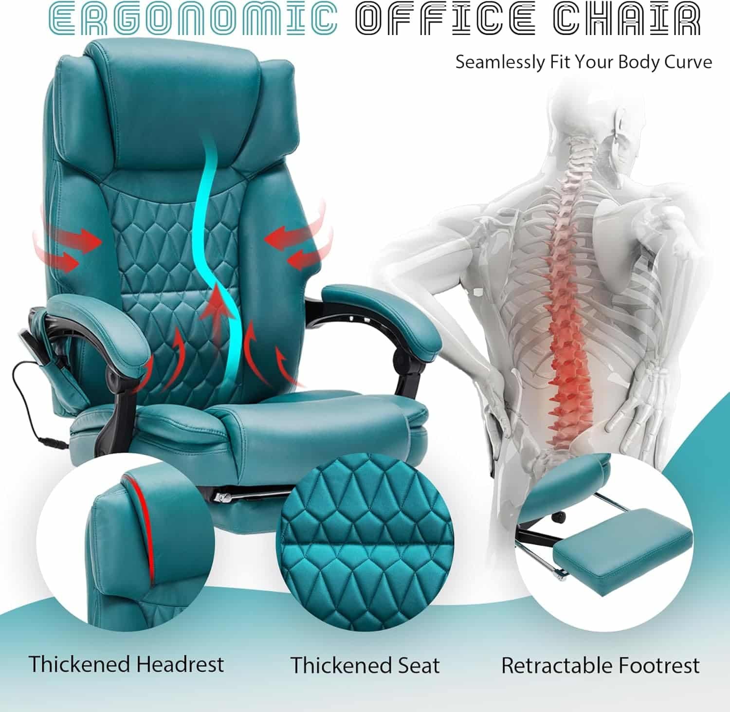 6 Points Massage Office Chair with Heat,Reclining Office Chair with Foot Rest,Vibration Home Office Desk Chairs for Heavy People 400lbs,Ergonomic Managerial Executive Chair (Teal Blue)
