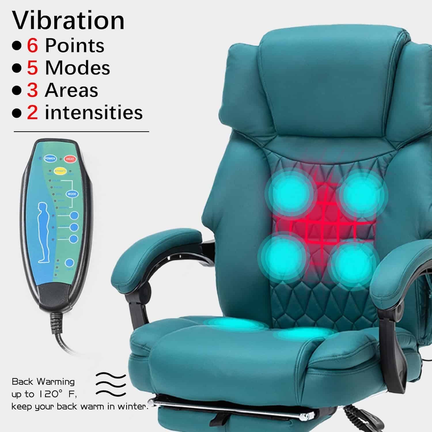 6 Points Massage Office Chair with Heat,Reclining Office Chair with Foot Rest,Vibration Home Office Desk Chairs for Heavy People 400lbs,Ergonomic Managerial Executive Chair (Teal Blue)