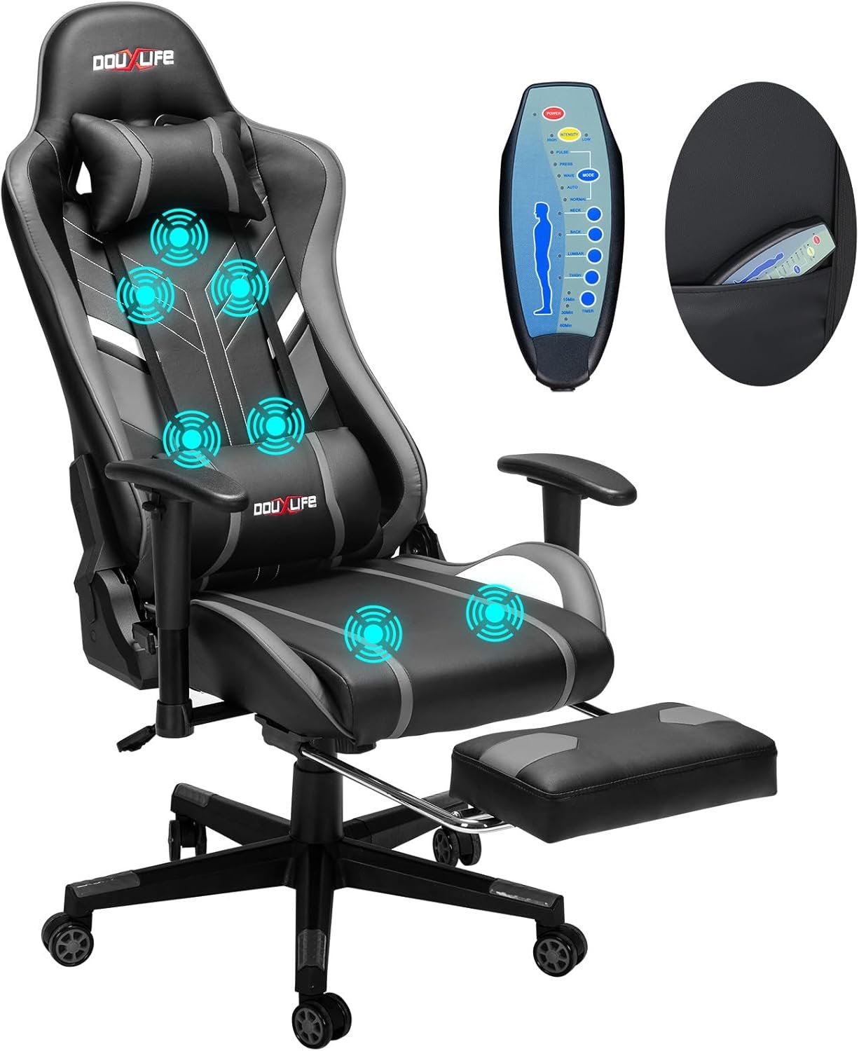 7-Point Massage Gaming Chair, 175° Gaming Recliner with Footrest Ergonomic Computer Gaming Office Chair High Back Video Game Chair with Lumbar Support, Upgraded Version Grey 7-Point Massage Gaming Chair, 175° Gaming Recliner with Footrest Ergonomic Computer Gaming Office Chair High Back Video Game Chair with Lumbar Support, Upgraded Version Grey
