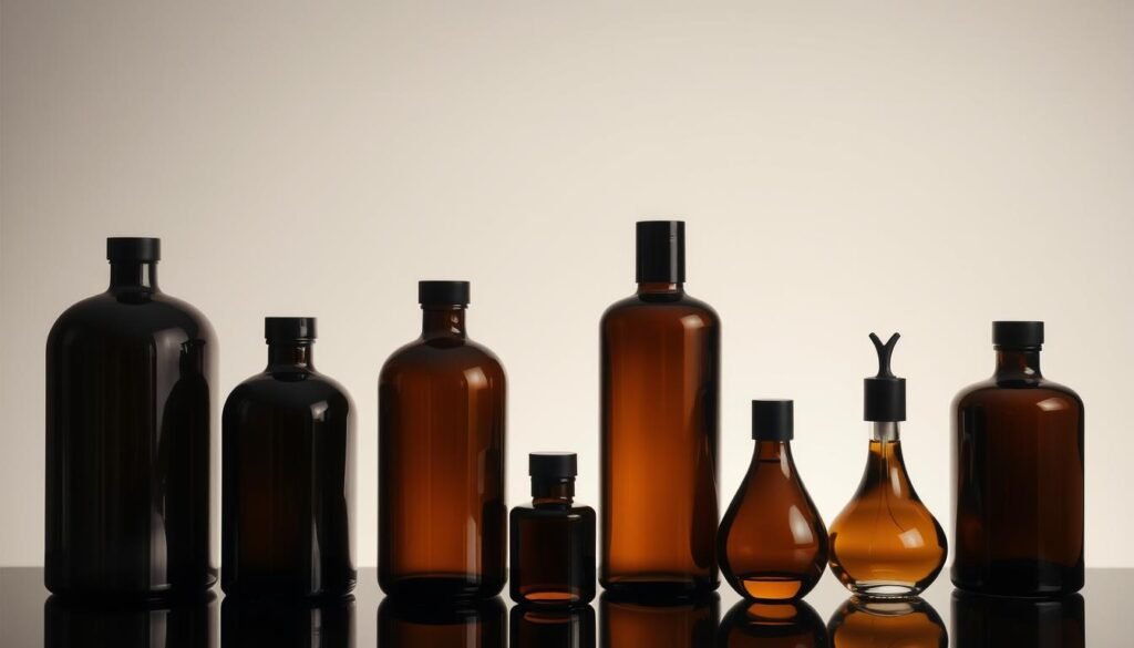 Dark glass bottles for oil storage