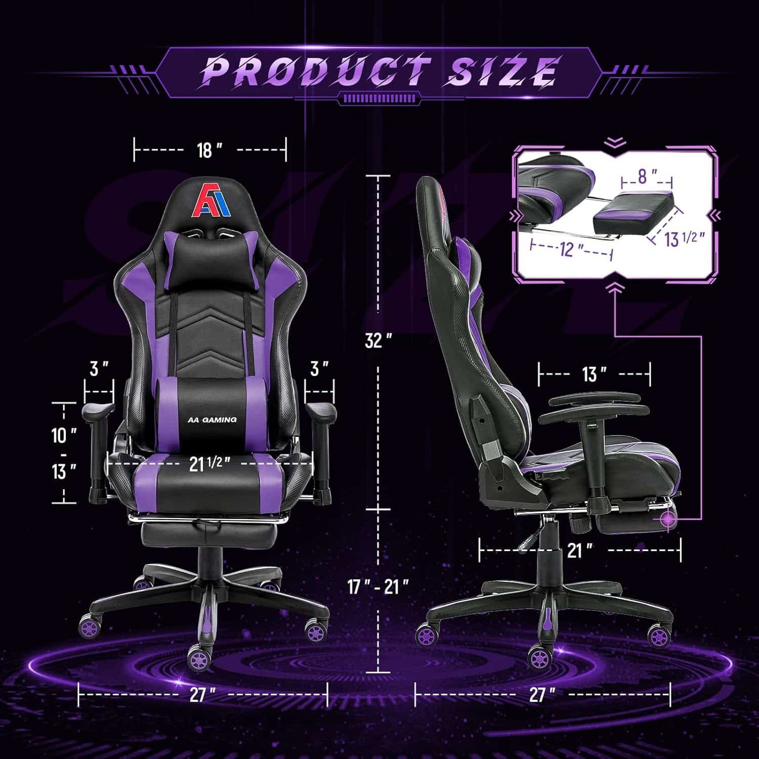 AA Products Gaming Chair High Back Ergonomic Computer Racing Chair Adjustable Gamer Chair with Footrest, Lumbar Support Swivel Chair – BlackPurple