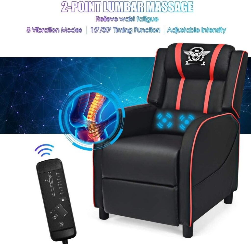 Adjustable Racing Style Massage Single Sofa With Headrest Lumbar Pillow Pu Leather Recliner Video Game Chairs Red 2 1024x998