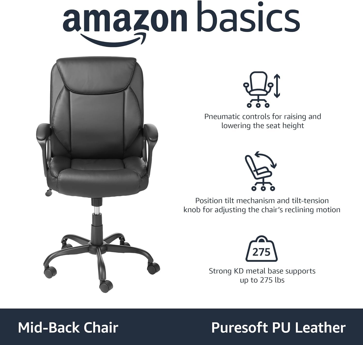Amazon Basics Classic Puresoft PU Padded Mid-Back Height Adjustable Office Computer Desk Chair with Armrest, 26D x 23.75W x 42H, Black