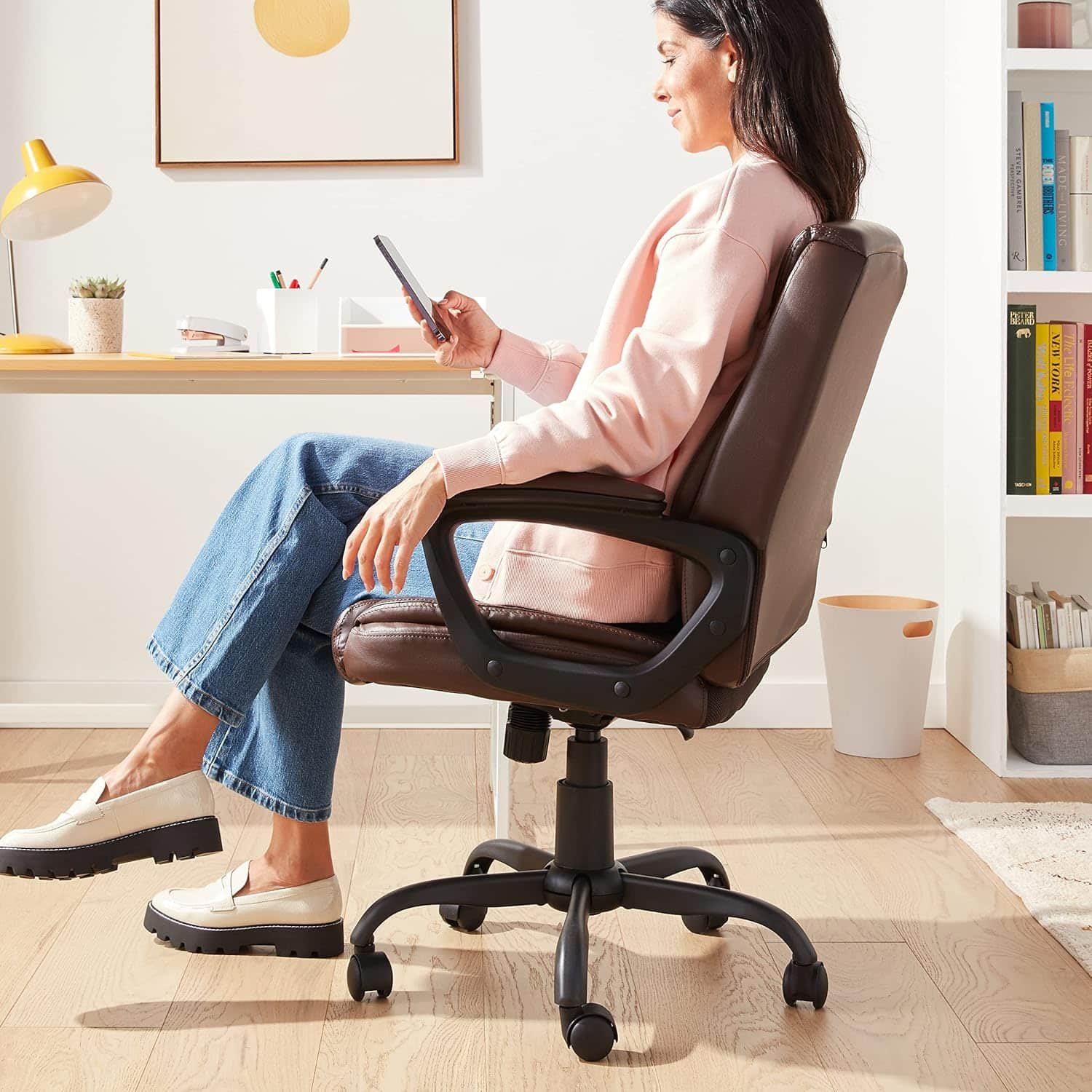 Amazon Basics Classic Puresoft PU Padded Mid-Back Height Adjustable Office Computer Desk Chair with Armrest, 26D x 23.75W x 42H, Black