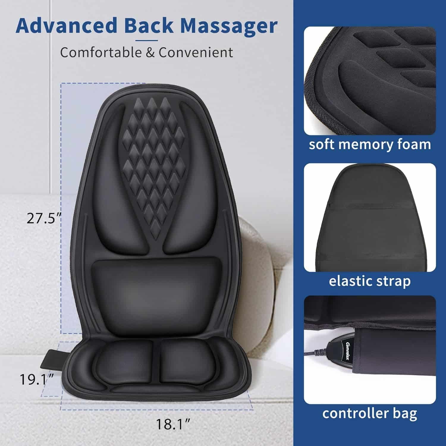 Back Massage Chair Pad with 3D Lumbar Support, Electric Back Massager for Pain Relief, Massage Seat Cushion with 3 Vibration Intensities  2 Heat Levels