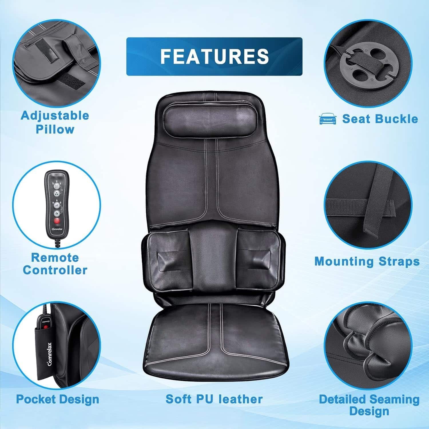 Back-Massager with Compression and Vibration Massage, Massage Chair Pad for Home Office Use, Height-Adjustable Seat Massager Cushion for Neck Back Waist HIPS, 3 Modes  3 Intensities, Soft Leather