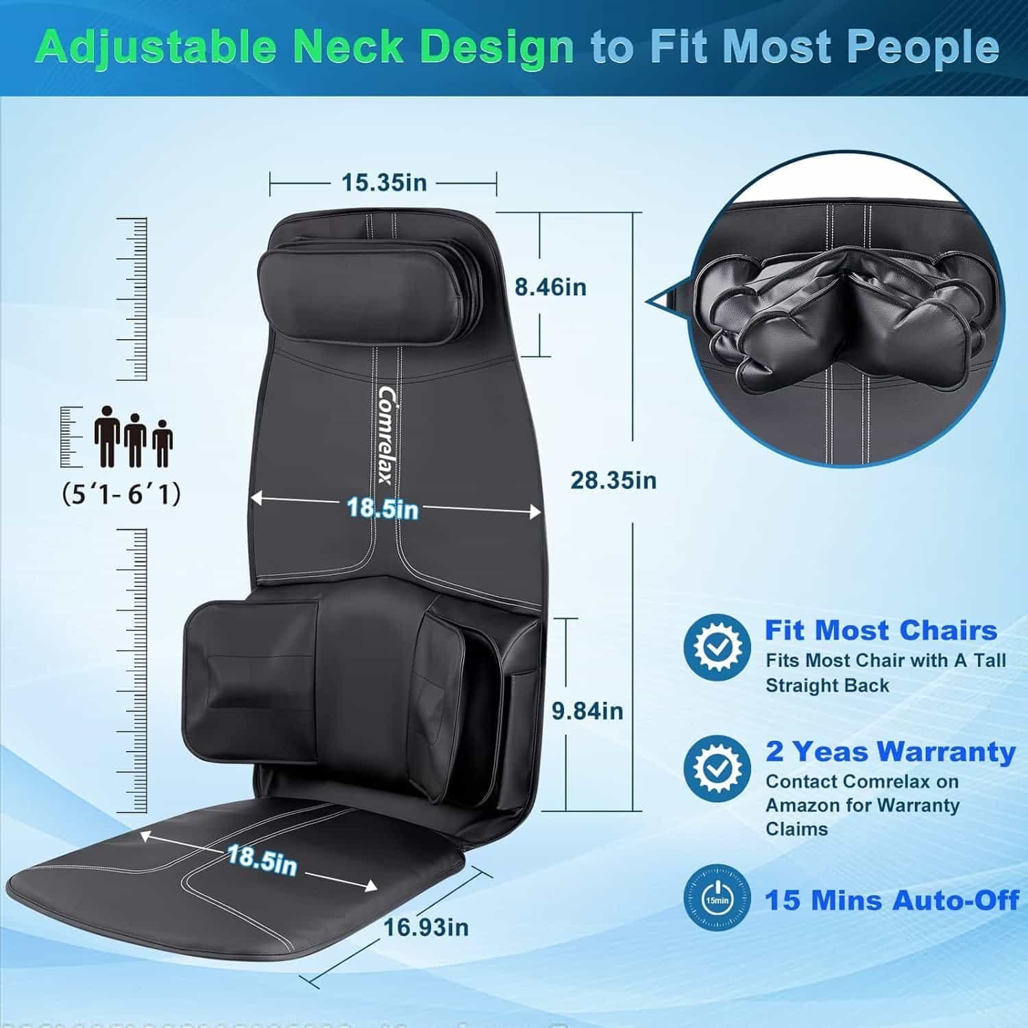 Back-Massager with Compression and Vibration Massage, Massage Chair Pad for Home Office Use, Height-Adjustable Seat Massager Cushion for Neck Back Waist HIPS, 3 Modes  3 Intensities, Soft Leather