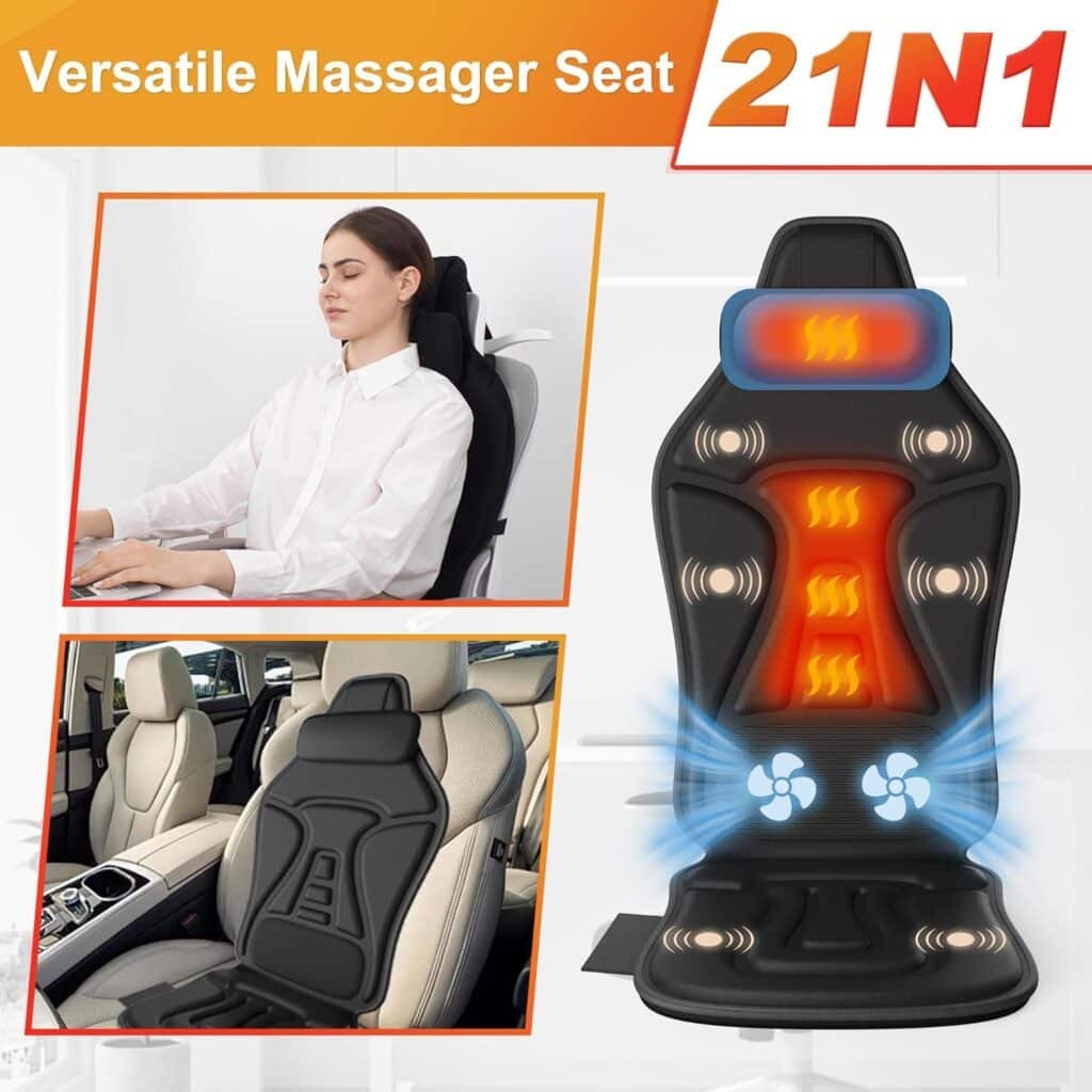 Back Massager with Heat for Pain Relief Deep Tissue, Portable Chair Massager Seat Cushion with Vibration Massage, Back Massage Chair Pad with Optional Cooling, Gifts for Dad Men Women Home Office Use