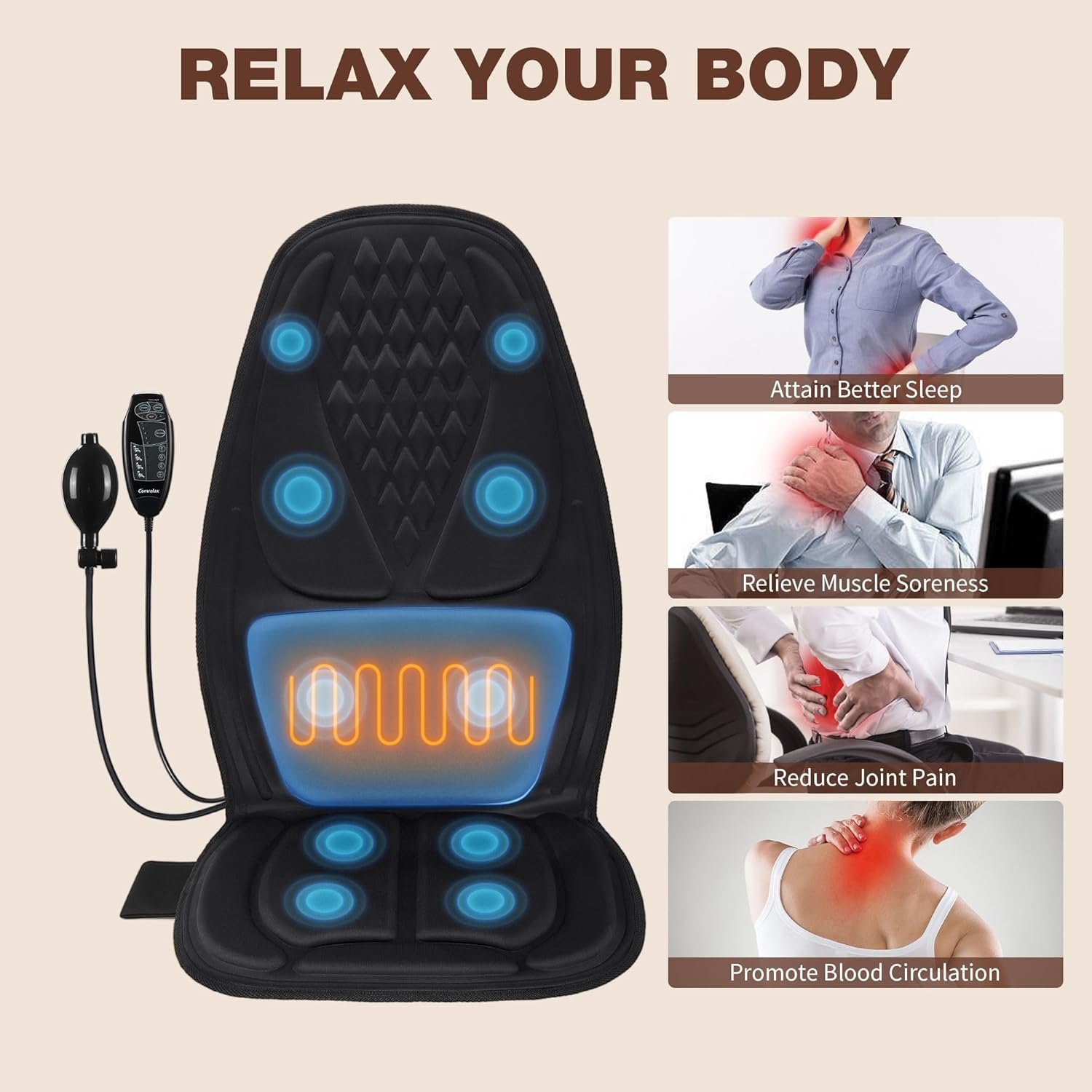 Back Massager with Heat, Massage Seat Cushion with 3D Lumbar Traction, 10 Vibrating Motors Massager Chair Pad for Full Body Pain Relief, and Home Use