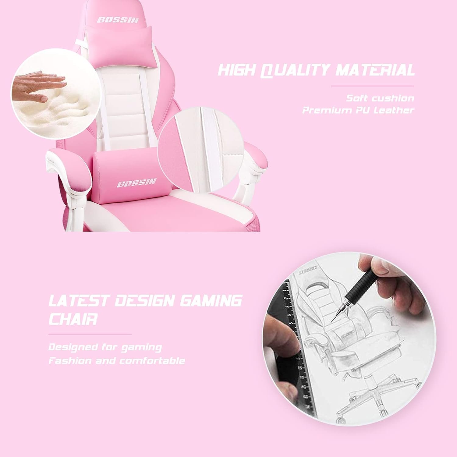 BOSSIN Gaming Chair with Massage, Ergonomic Heavy Duty Design with Footrest and Lumbar Support, Large Size Cushion High Back Office Chair, Big and Tall Gaming Computer Chair for Kids