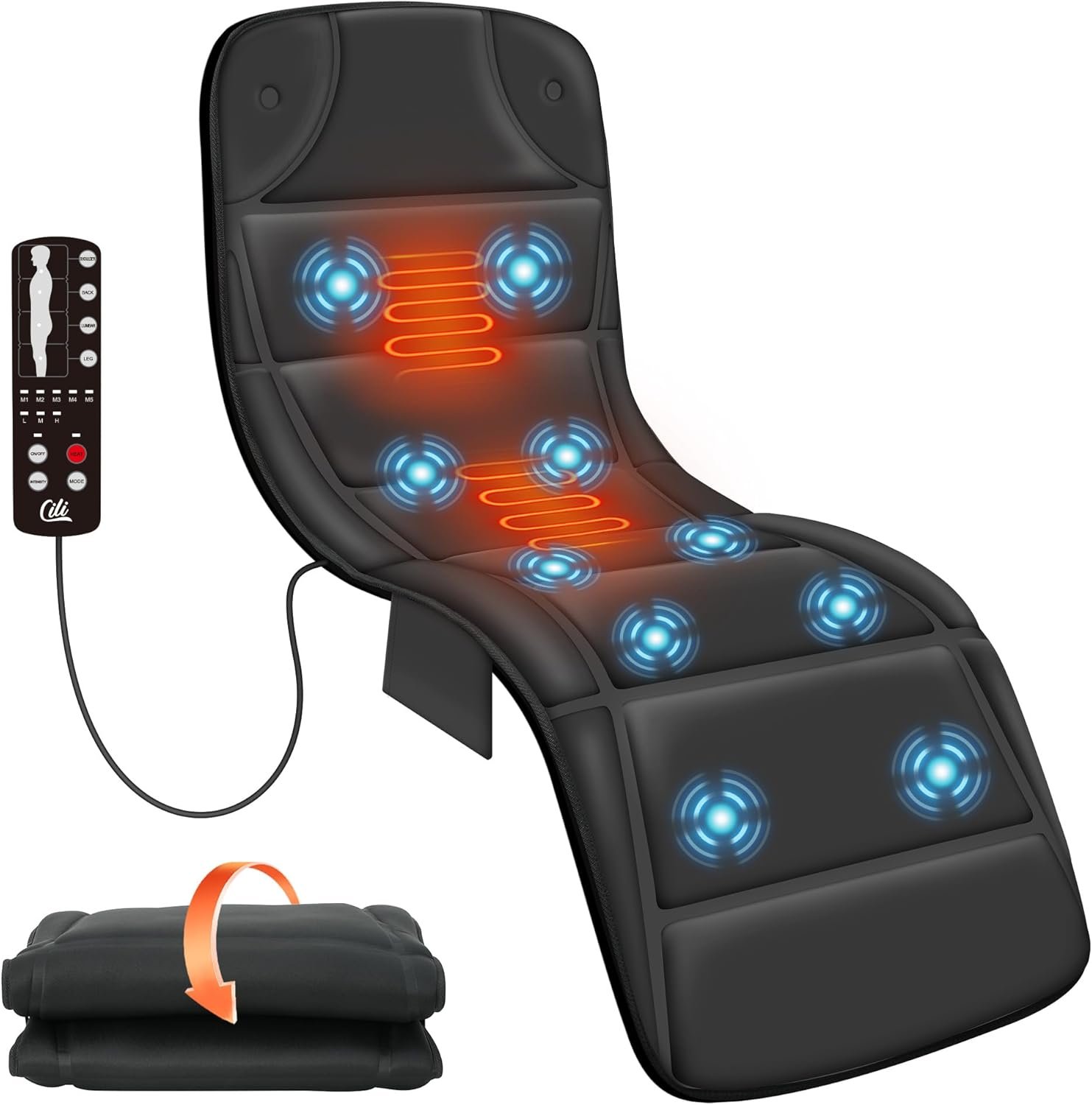 CILI Massage Mat Full Body,Massager Chair Pad,10 Vibration Motors  5 Massage Modes,Back Massager for Bed,Massage Mattress Pad for Back,Heating Pad with Auto Shut Off, Gifts for Men,Women,Black