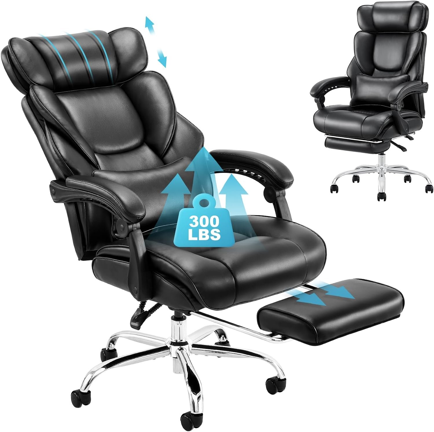 COLAMY Office Chair with Footrest, Ergonomic High Back Design Executive Computer Desk Chair with Removable Lumbar Pillow, 90-135°Reclining, Thick Bonded Leather for Home Office Work Comfort, Black