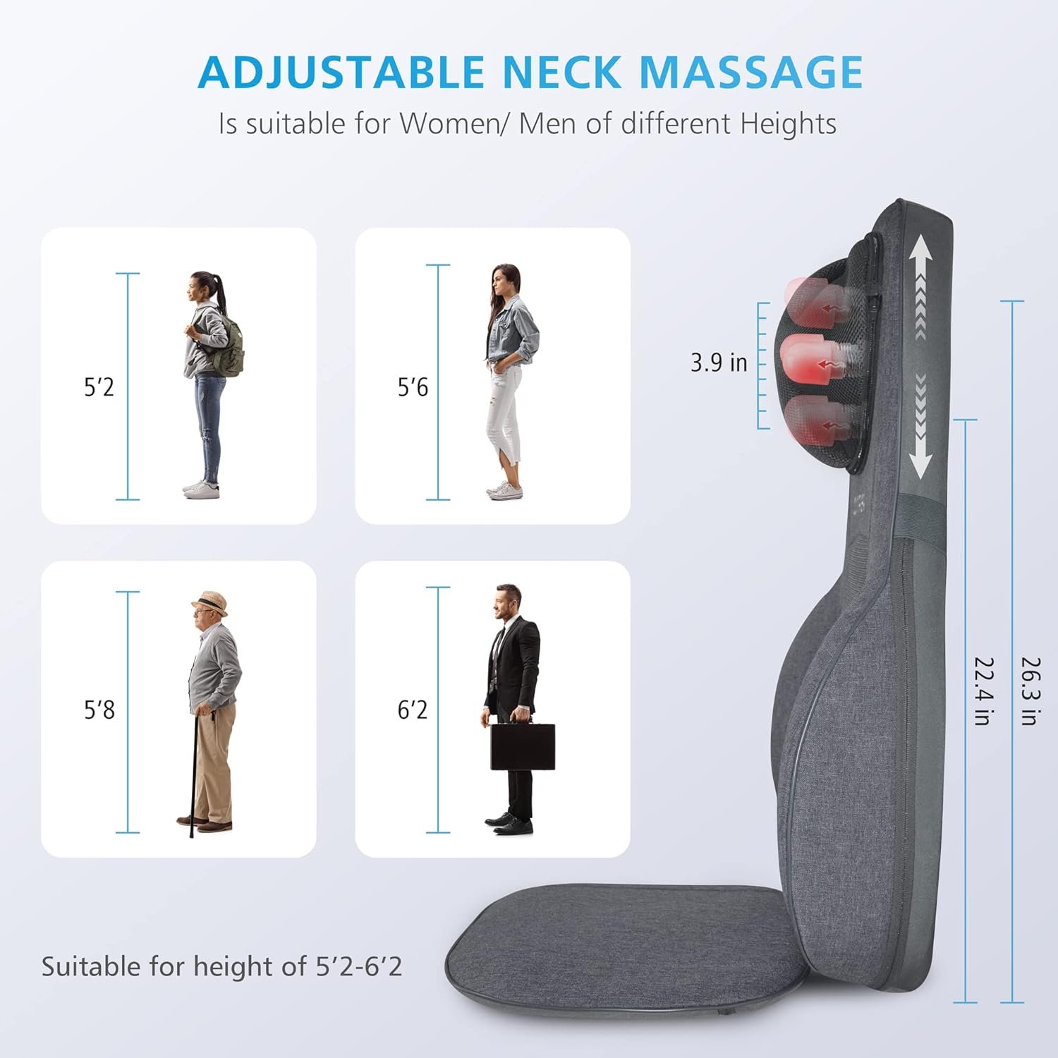 COMFIER Neck Back Massager with Heat, Height Adjustable Chair Massager Seat Cushion for Neck Shoulders, Shiatsu Massage Chair Pad for Back Support,Gifts for Dad,Mom,Gray