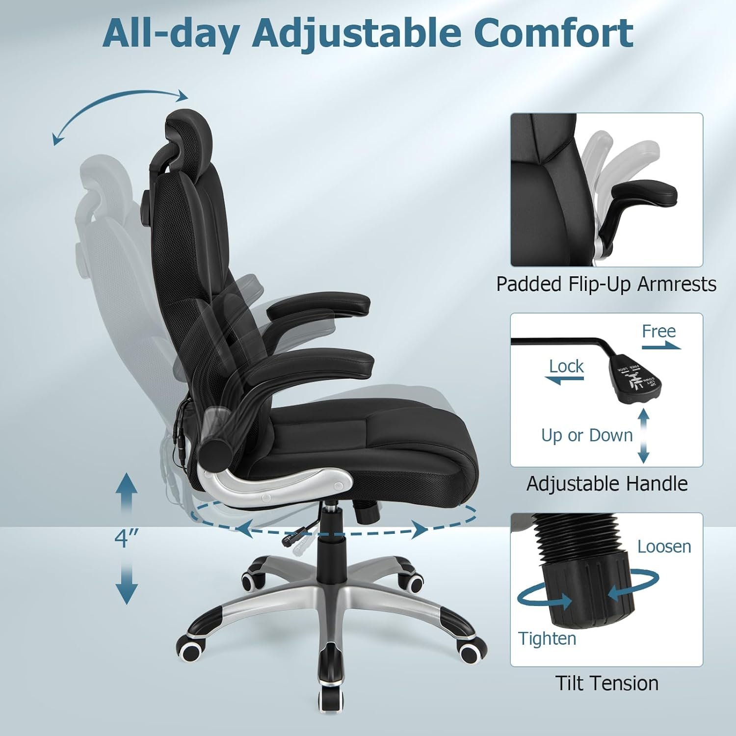 COSTWAY Executive 3D Massage Office Chair, Faux Leather Computer Desk Chair w/Adjustable Headrest  Lumbar Support, High Back Home Office Chair with Flip-up Armrests, Remote Control, Black
