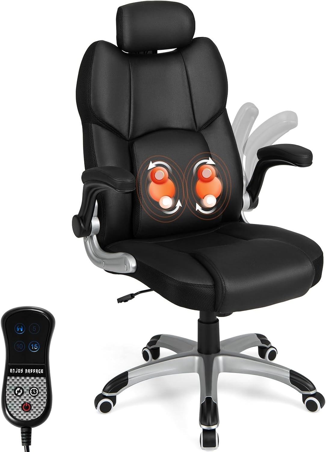 COSTWAY Executive 3D Massage Office Chair, Faux Leather Computer Desk Chair w/Adjustable Headrest  Lumbar Support, High Back Home Office Chair with Flip-up Armrests, Remote Control, Black