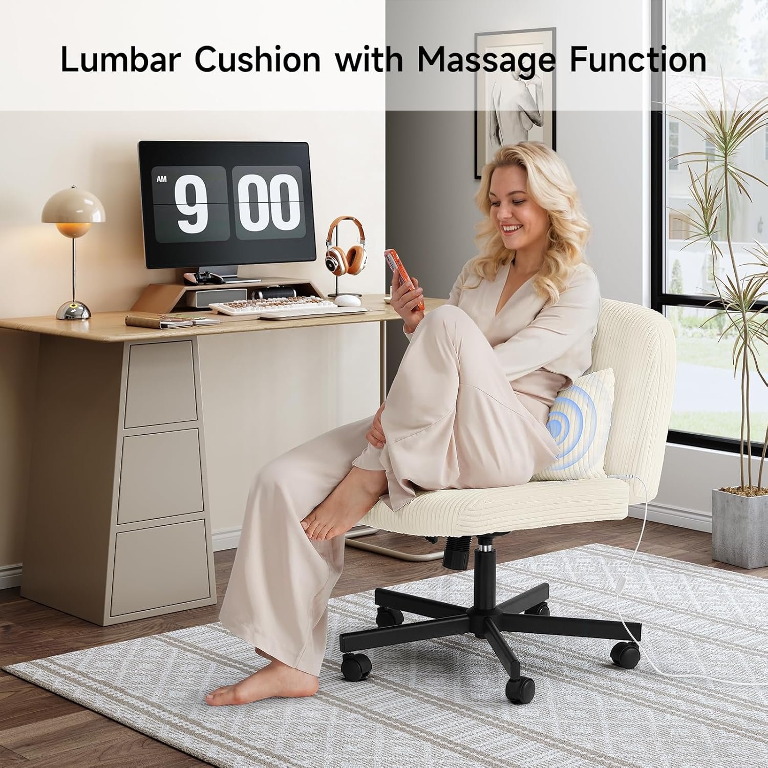 Criss Cross Chair with Wheels, Massage Cross Legged Office Chair w/Double Layer Sponge Cushion, Corduroy Wide Armless Office Desk Chair Mid Back Adjustable Swivel Vanity Chair for Home Office, White