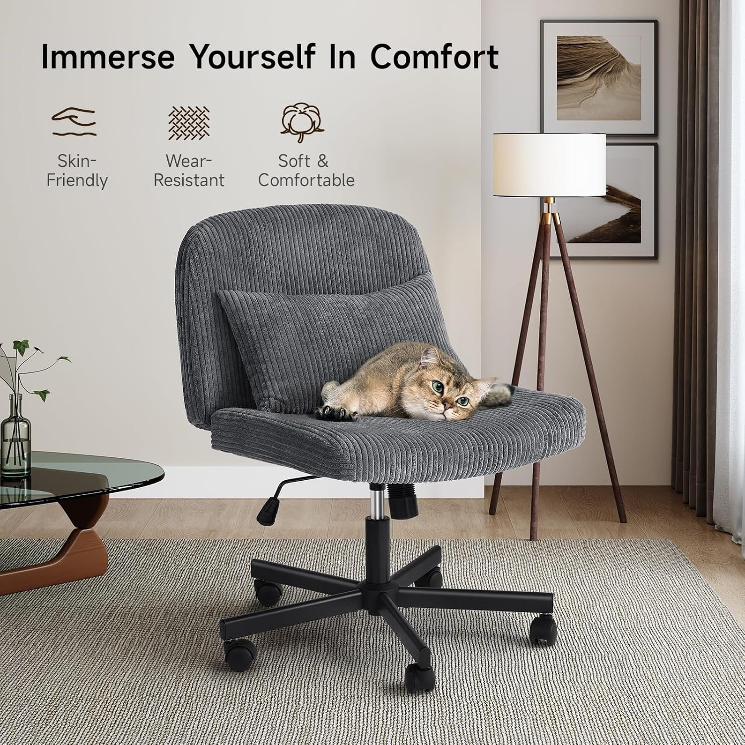 Criss Cross Chair with Wheels, Massage Cross Legged Office Chair w/Double Layer Sponge Cushion, Corduroy Wide Armless Office Desk Chair Mid Back Adjustable Swivel Vanity Chair for Home Office, White