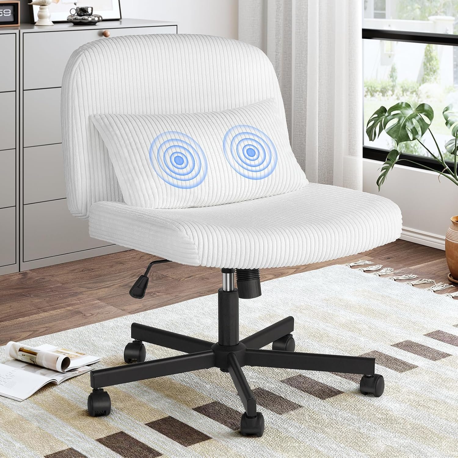 Criss Cross Chair with Wheels, Massage Cross Legged Office Chair w/Double Layer Sponge Cushion, Corduroy Wide Armless Office Desk Chair Mid Back Adjustable Swivel Vanity Chair for Home Office, White