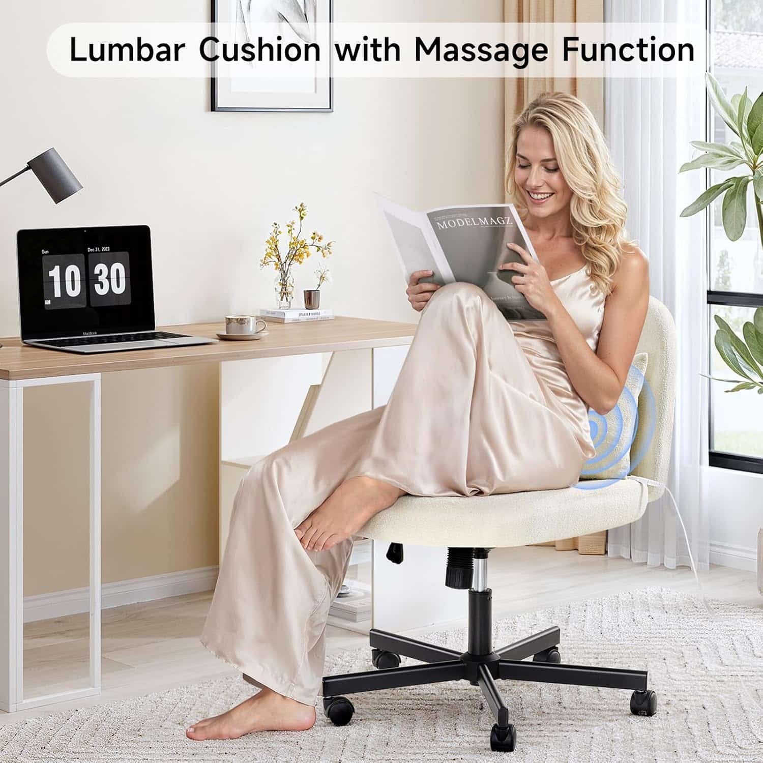 Criss Cross Chair with Wheels, Massage Cross Legged Office Chair with Double Layer Sponge Cushion, Armless Wide Seat Swivel Vanity Chair, Adjustable Desk Chairs for Home Office, Beige