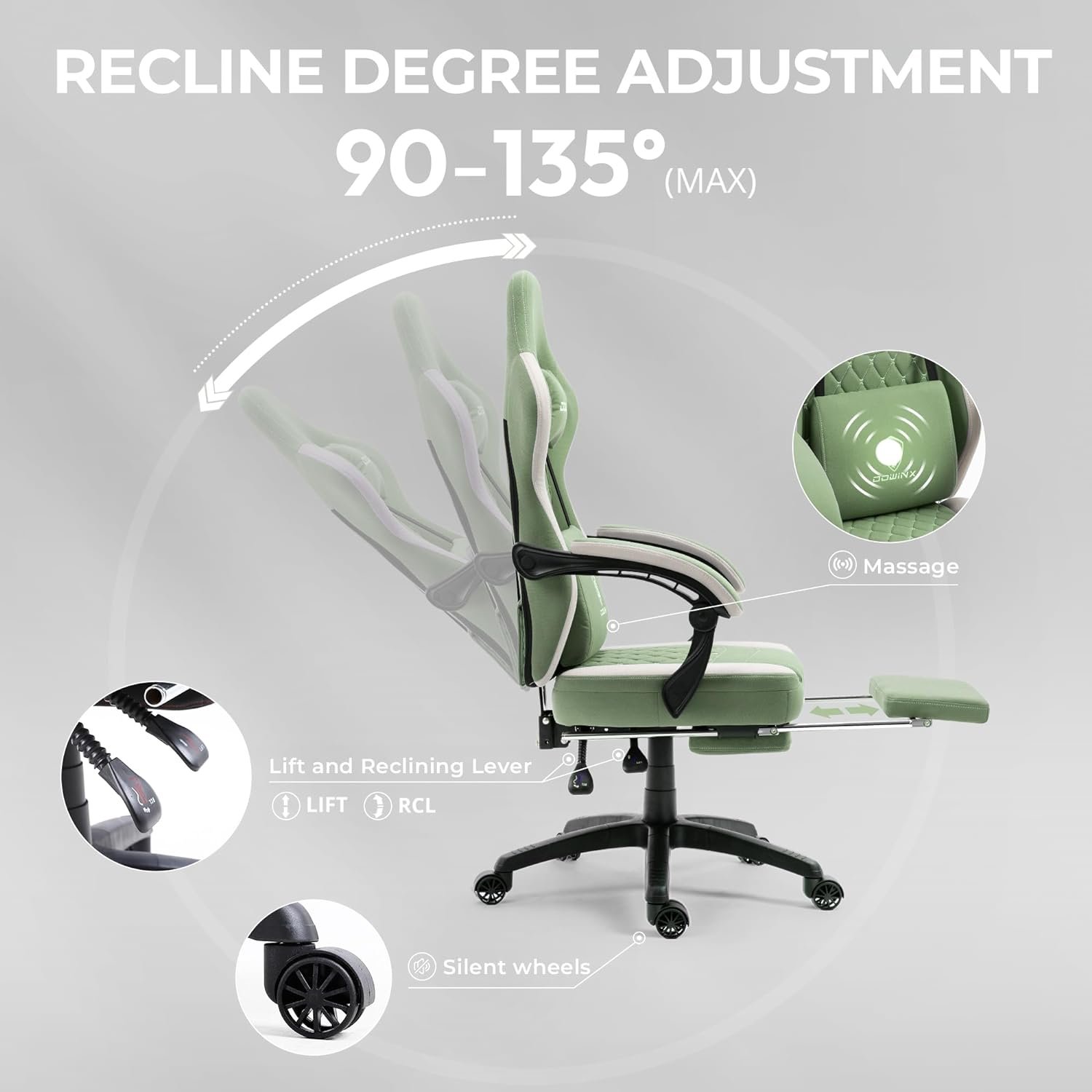Dowinx Gaming Chair Breathable Fabric Computer Chair with Pocket Spring Cushion, Comfortable Office Chair with Gel Pad and Storage Bag,Massage Game Chair with Footrest,Black