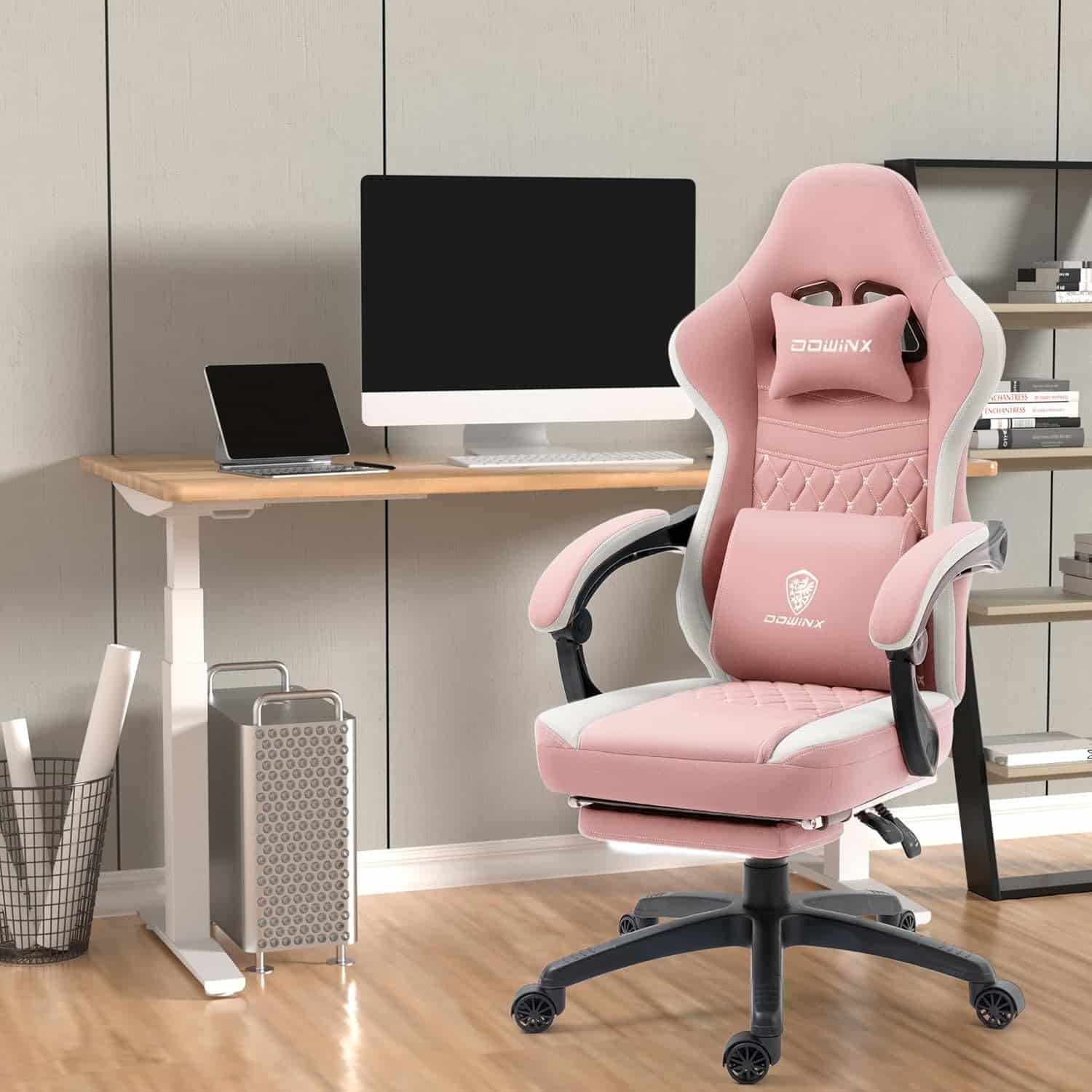 Dowinx Gaming Chair Breathable Fabric Computer Chair with Pocket Spring Cushion, Comfortable Office Chair with Gel Pad and Storage Bag,Massage Game Chair with Footrest,Black