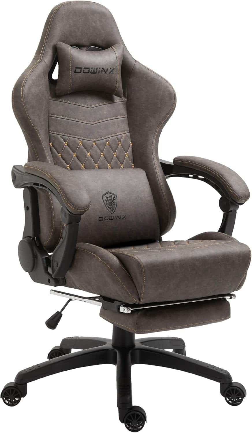 Dowinx Gaming Chair Office Desk Chair with Massage Lumbar Support, Vintage Style Task Chair PU Leather High Back Gamer Chair with Retractable Footrest (Brown)