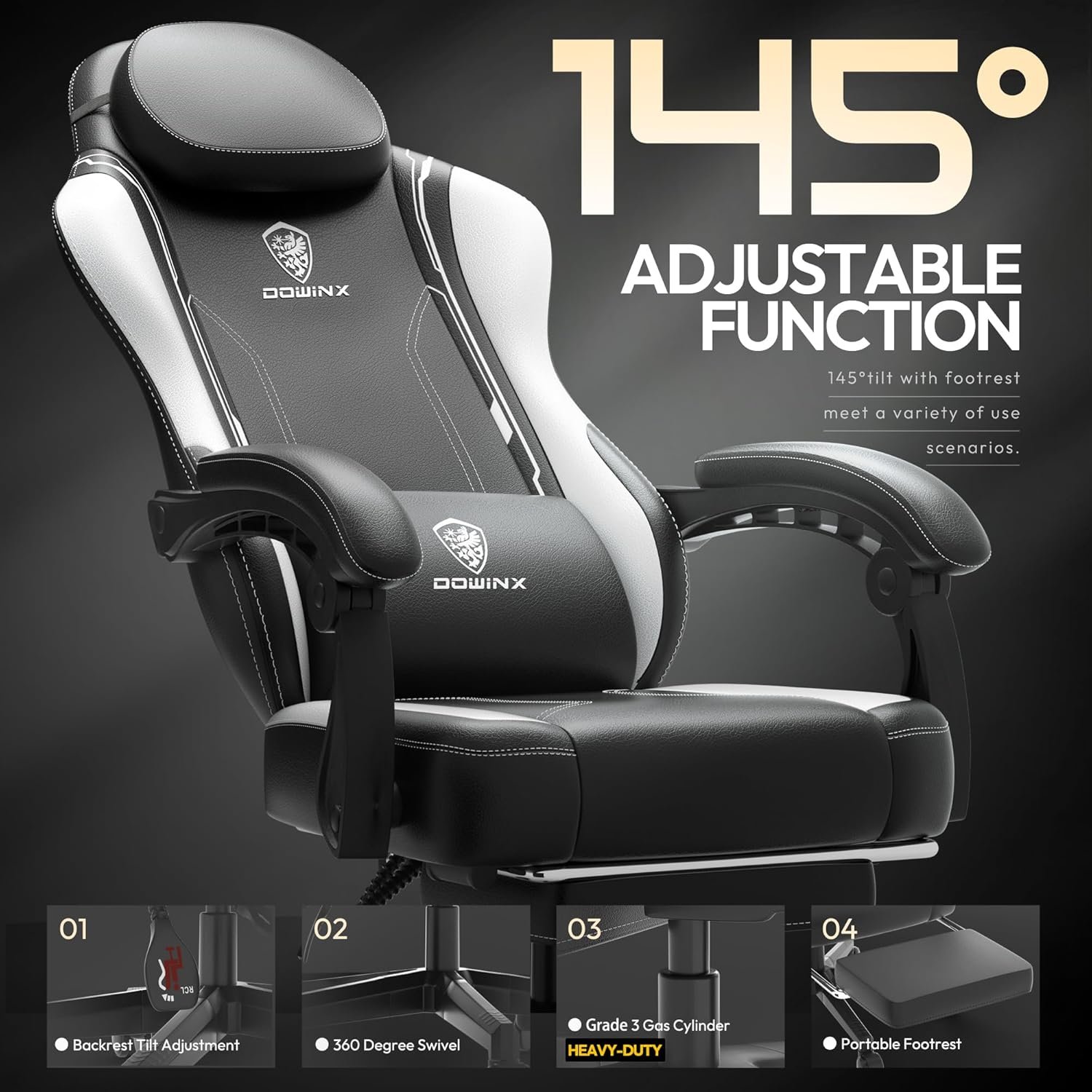 Dowinx Gaming Chair with Pocket Spring Cushion and Footrest, Ergonomic Computer Chair with Massage Lumbar Supportfor Adults, High Back Leather Game Chair for Office Gaming 300LBS, Black Green