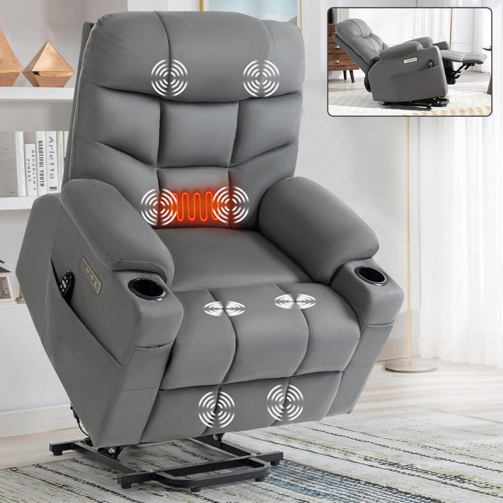 Dual Motor Power Lift Recliner Chair with Massage and Heat for Elderly People, Sleeping Recliner with Infinite Position, Type-C  USB Ports, Recliner Chair, Fabric Lift Chair (Cream-Gray)