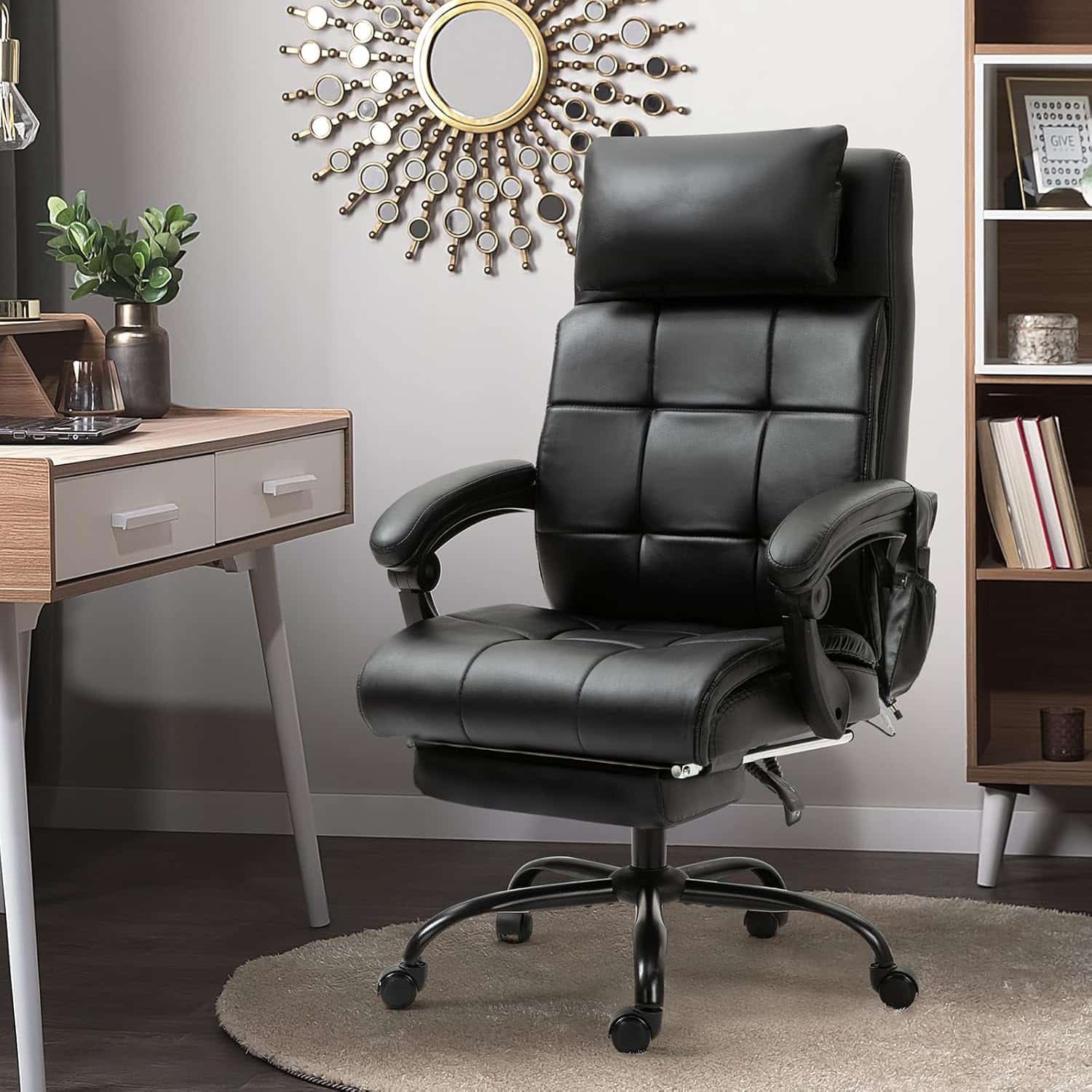 ECOTOUGE 6 Points Massage Office Chairs, Heated Leather Desk Chair with Retractable Footrest, High Back Ergonomic Computer Chair with Adjustable Height and Back, Lumbar Support, Black