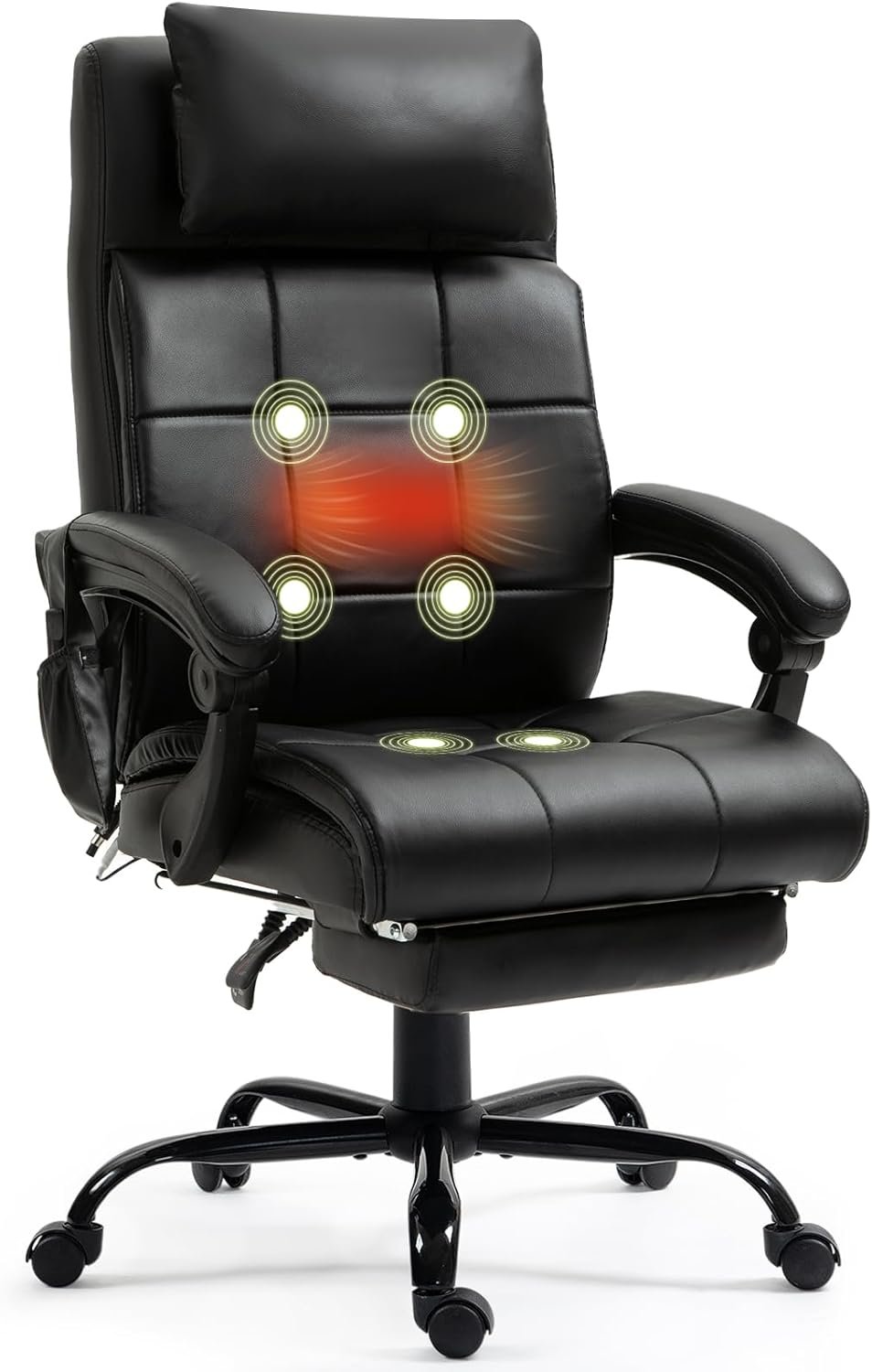 ECOTOUGE 6 Points Massage Office Chairs, Heated Leather Desk Chair with Retractable Footrest, High Back Ergonomic Computer Chair with Adjustable Height and Back, Lumbar Support, Black