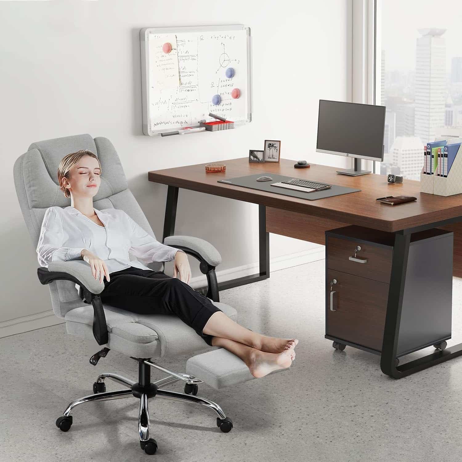 ECOTOUGE Ergonomic Massage Office Chair with Footrest – 2 Vibration Points Lumbar Support Adjustable Reclining Executive Chair for Home Office Light Grey
