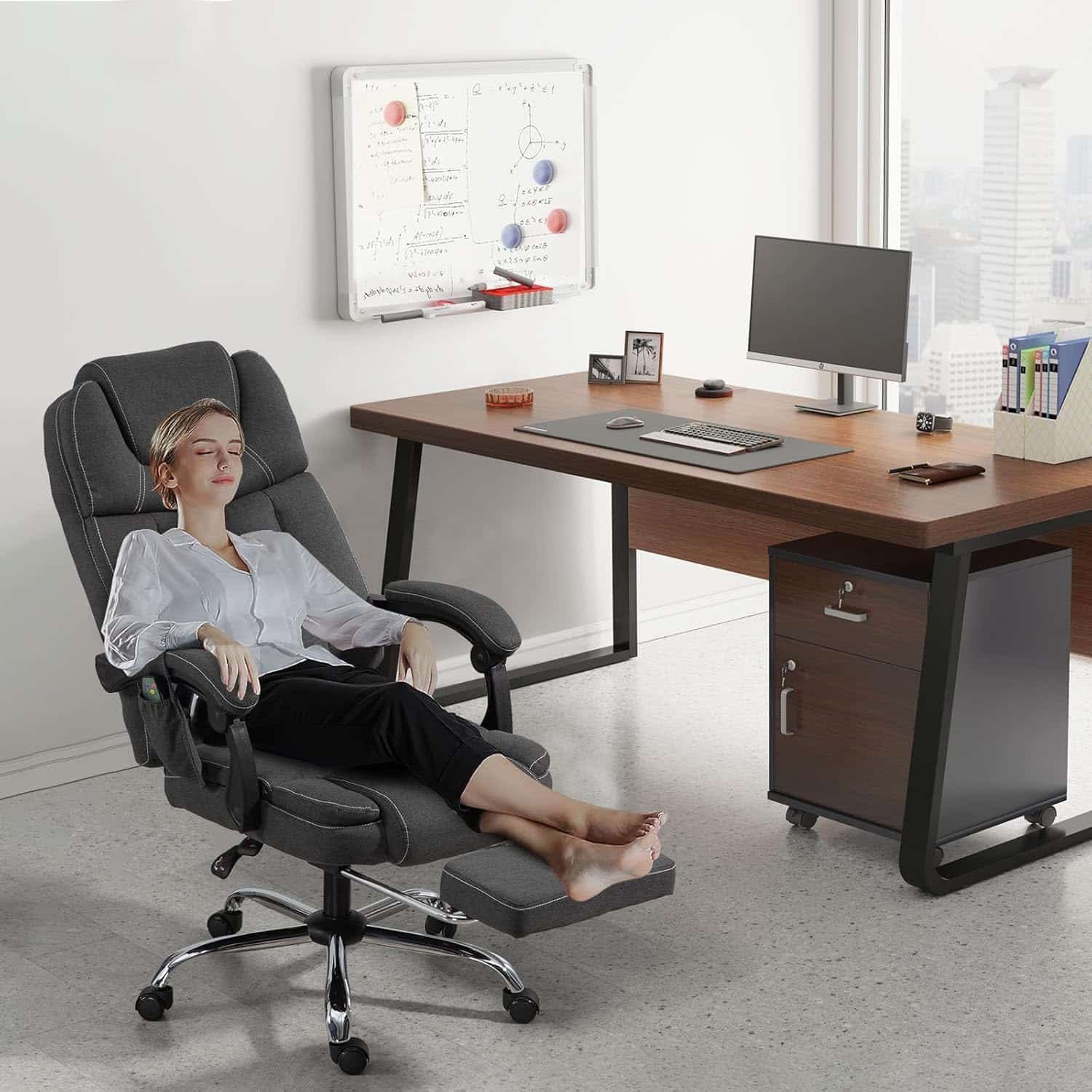 ECOTOUGE Ergonomic Massage Office Chair with Footrest – 2 Vibration Points Lumbar Support Adjustable Reclining Executive Chair for Home Office Light Grey