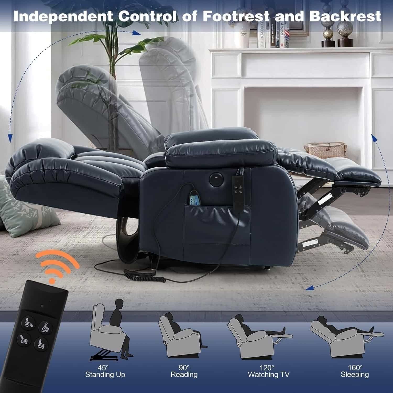 Electric Recliners Chair Elderly  Adult Ergonomic Dual Motor Power Lift Recliner Chair, with Massage and Heating, USB Ports, Remote Control, Dark Blue, Infinite Position