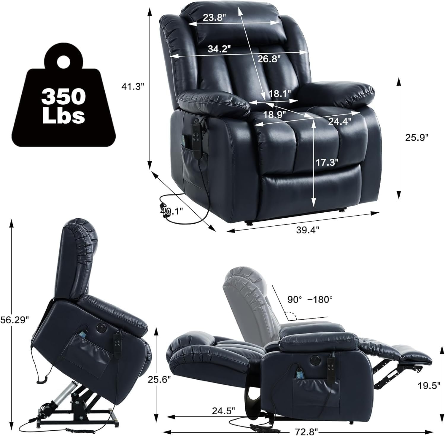 Electric Recliners Chair Elderly  Adult Ergonomic Dual Motor Power Lift Recliner Chair, with Massage and Heating, USB Ports, Remote Control, Dark Blue, Infinite Position