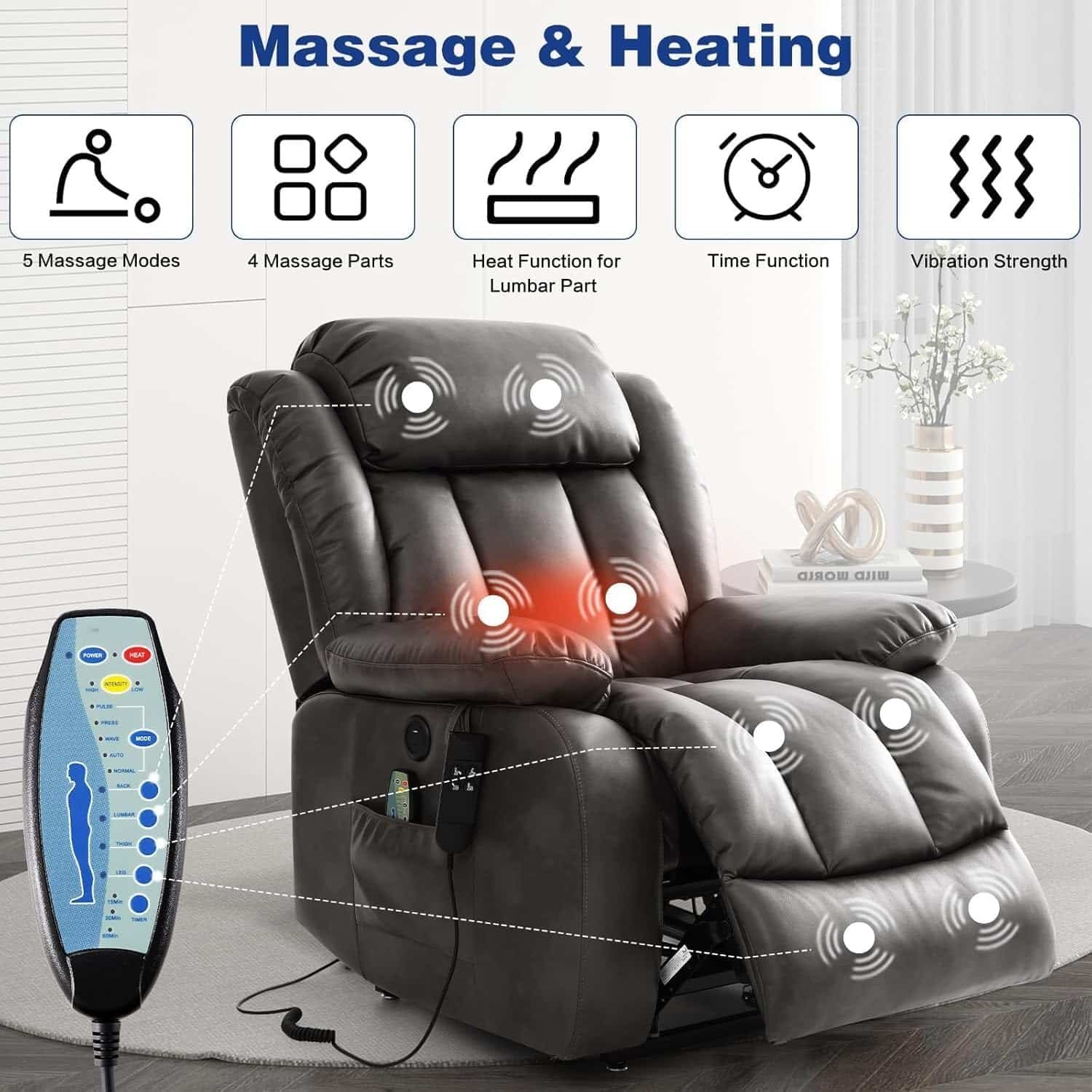 Electric Recliners Chair Elderly  Adult Ergonomic Dual Motor Power Lift Recliner Chair, with Massage and Heating, USB Ports, Remote Control, Dark Blue, Infinite Position