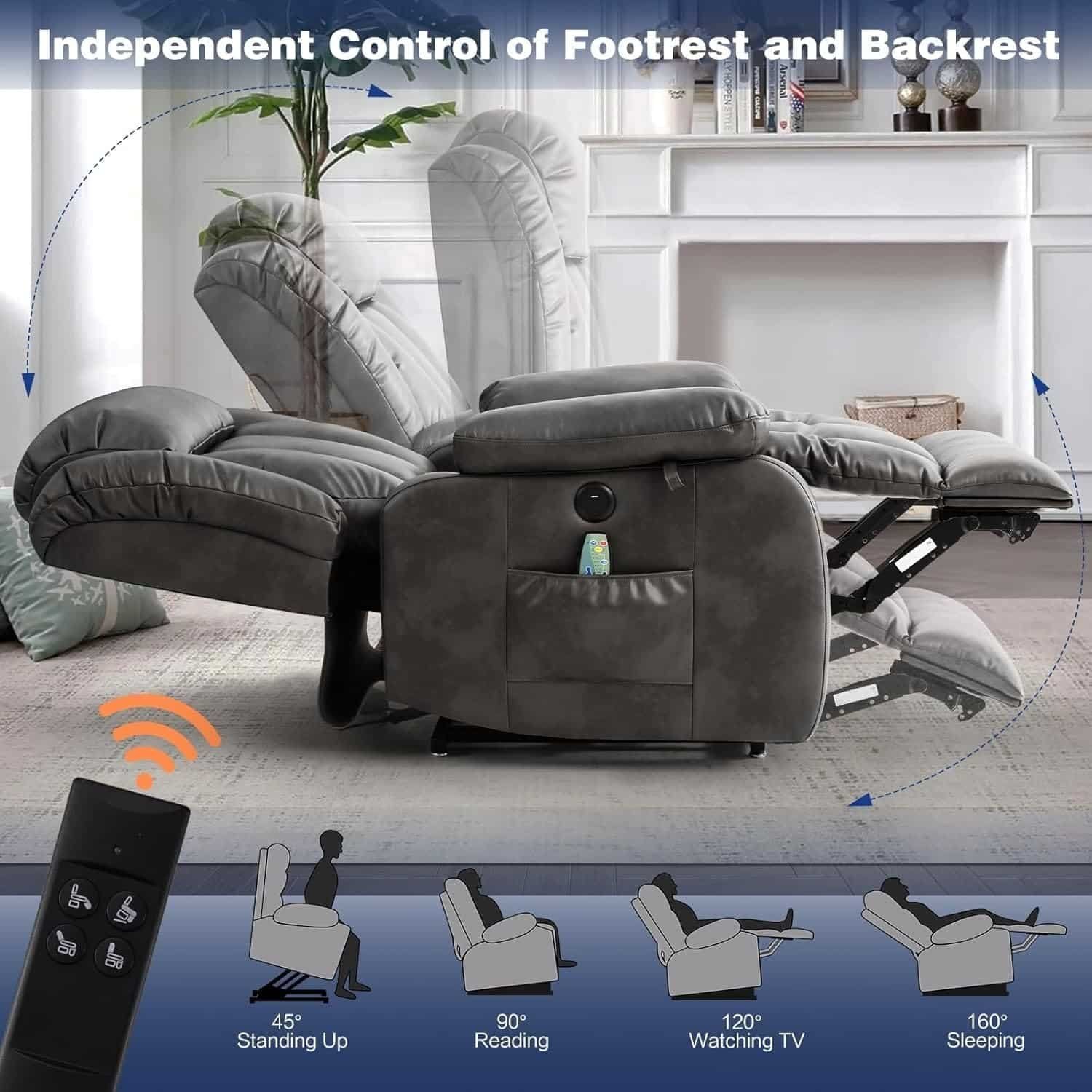 Electric Recliners Chair Elderly  Adult Ergonomic Dual Motor Power Lift Recliner Chair, with Massage and Heating, USB Ports, Remote Control, Dark Blue, Infinite Position
