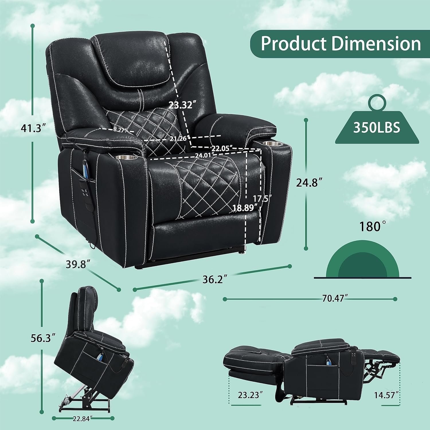 Electric Recliners Chair Elderly  Adult Ergonomic Dual Motors Power Lift Recliner, High Density Foam Lift Chair with Heat and Massage, Reclining to 180, 2 Cup Holders, 2 Remote Controls, Breathable L